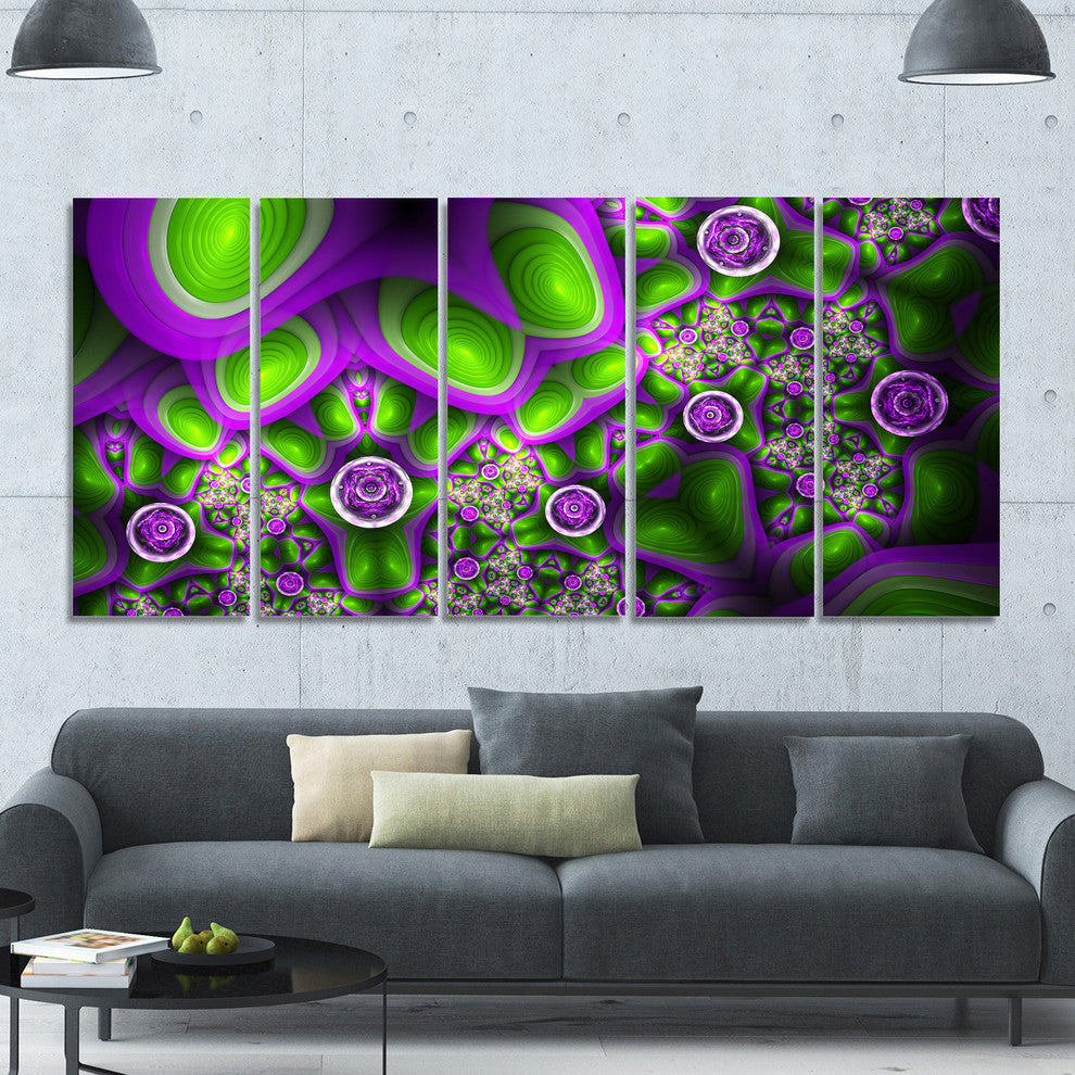 Green Purple Exotic Pattern, Abstract Wall Art Canvas, 60"x28", 5 Panels