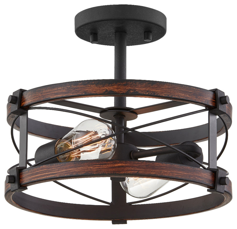 15" W 2-Light Black Vintage Rustic Semi-Flush Mount Ceiling Light