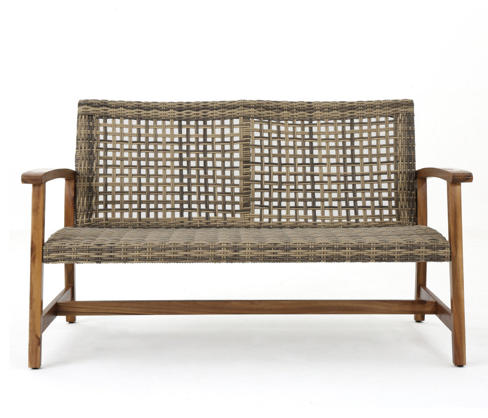 Spring Spender Outdoor 4-Piece Wood, Wicker Chat Set, Natural Stained, Gray