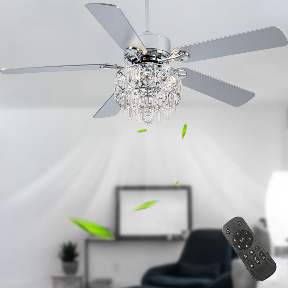 52" Modern Silver Crystal Ceiling Fan 6-speed with Dimmable Light and Remote, Chrome, 52"
