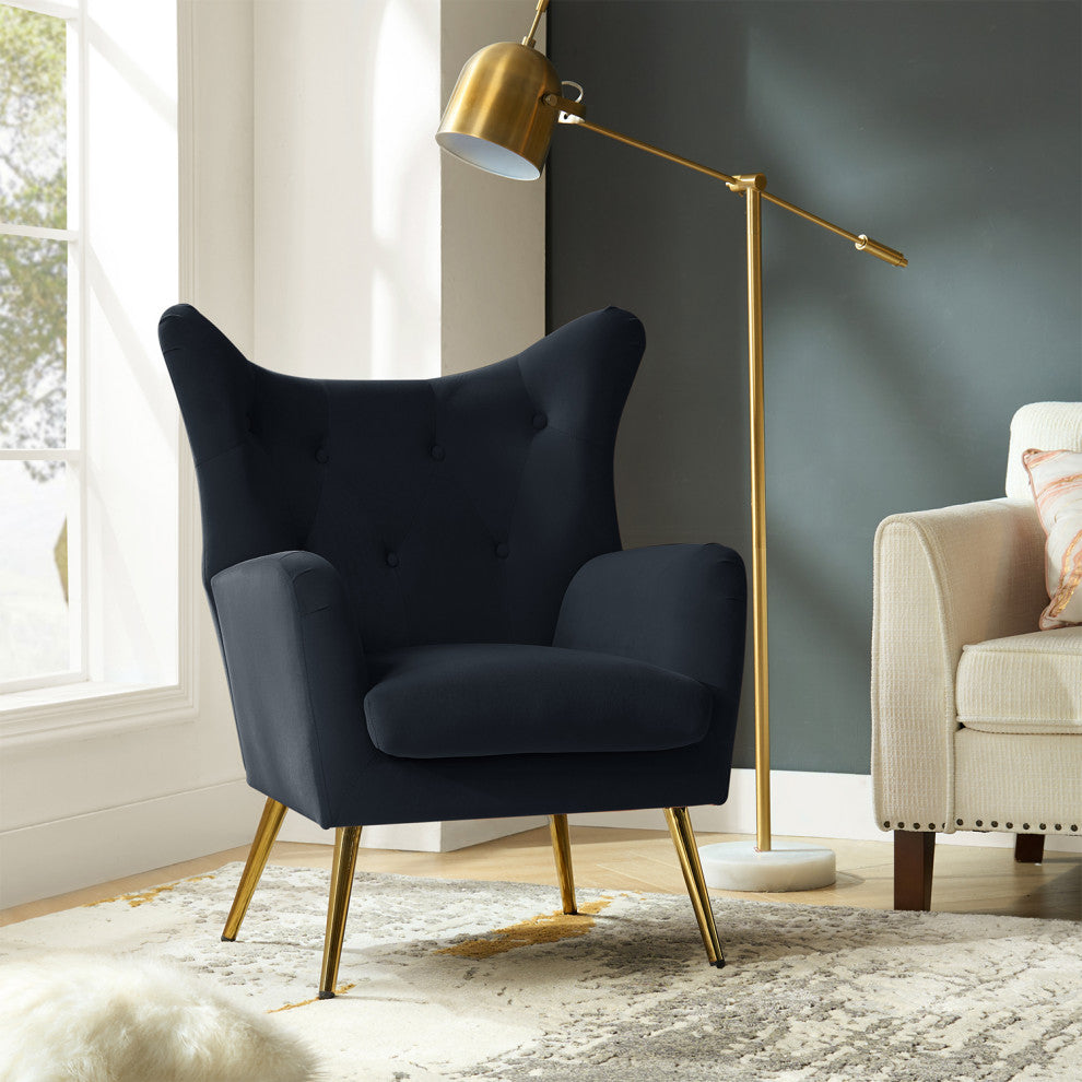 Tufted Accent Chair With Golden Legs, Black