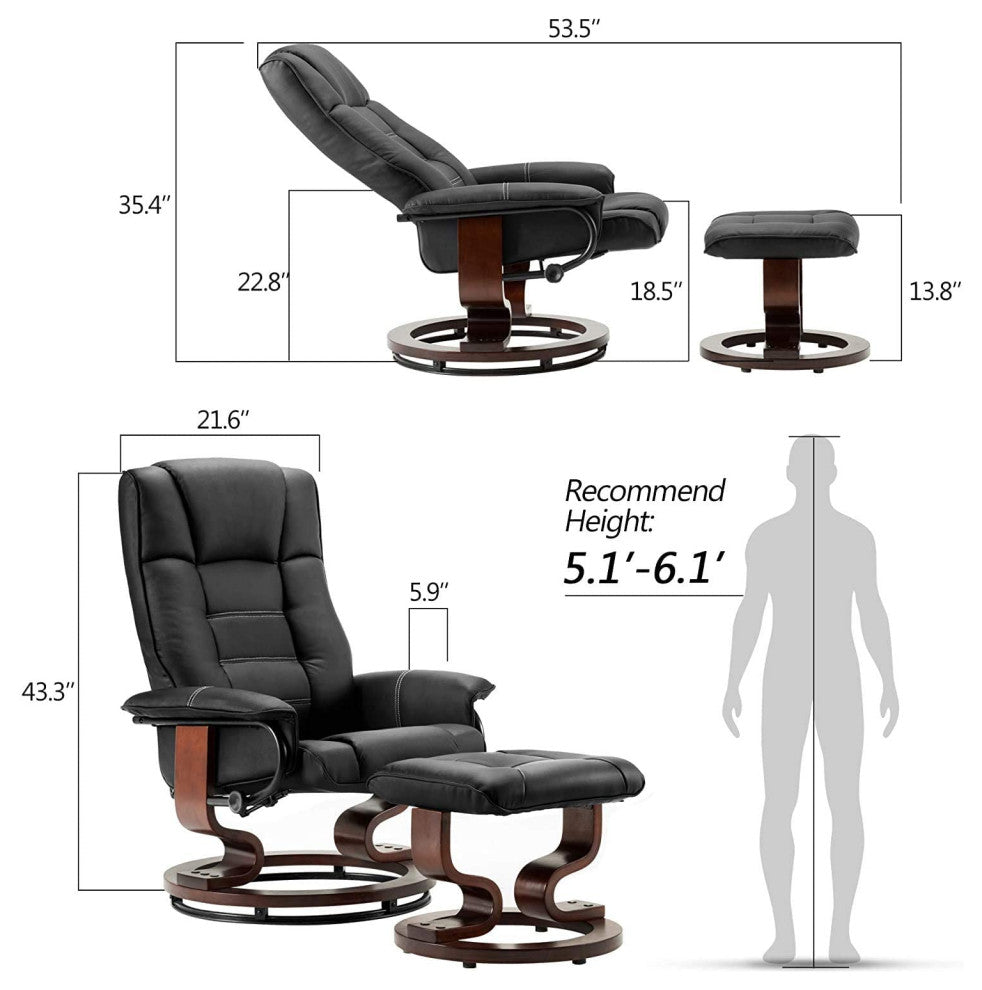 Swivel Recliner Chair with Ottoman in Faux Leather and Padded Armrests, Black