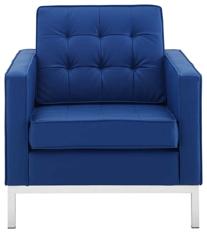 Loft Tufted Upholstered Faux Leather Armchair Silver Navy