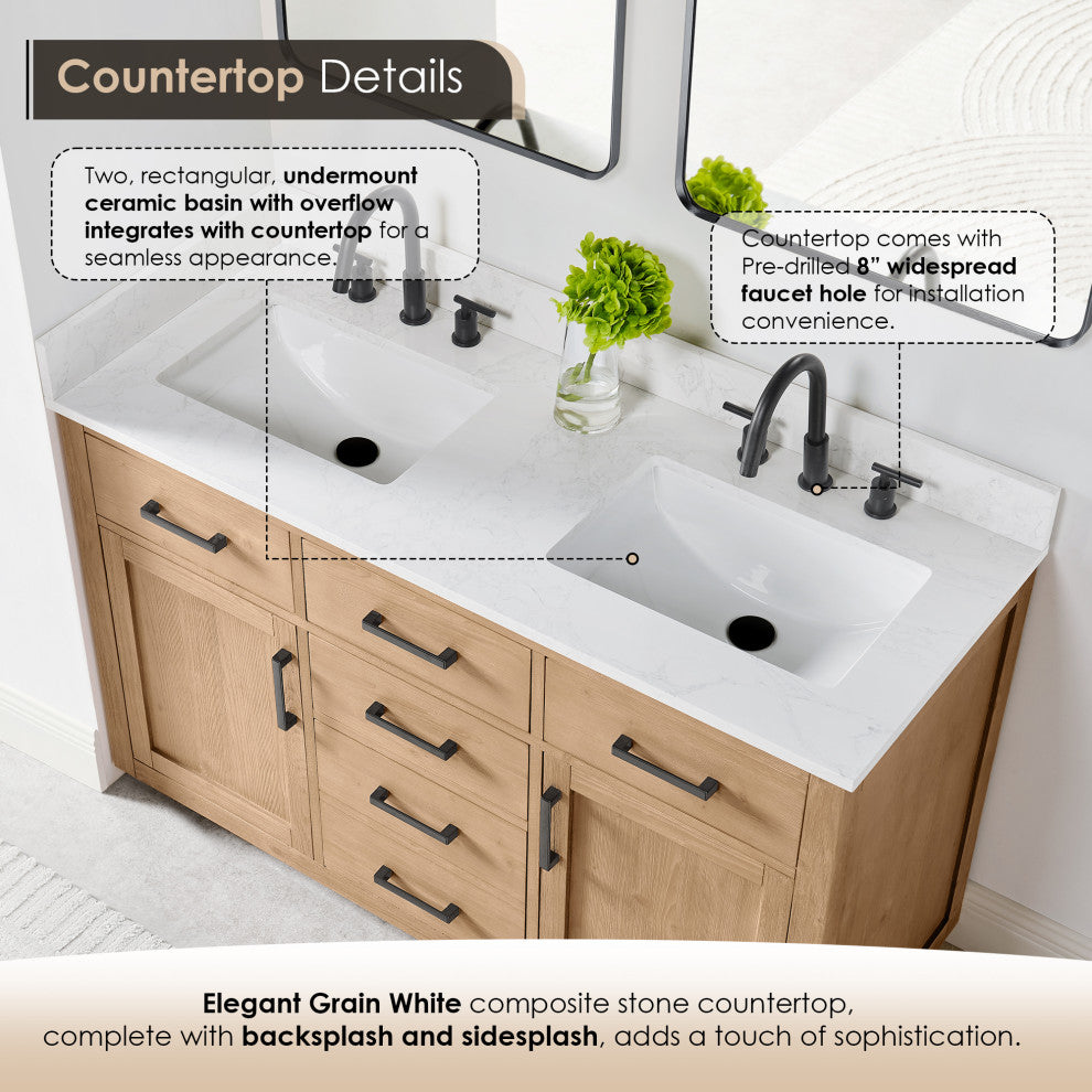 Gavino Vanity with Grain White Composite Stone Top, Light Brown/Matte Black, 54", No Mirror