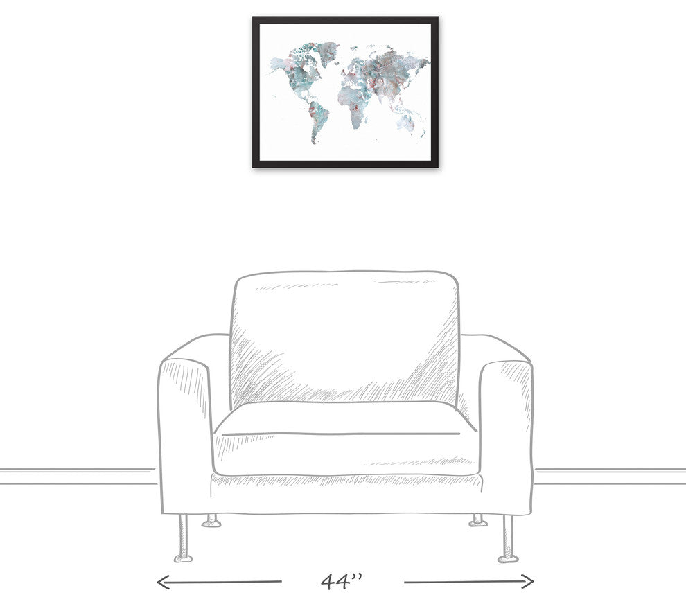 Greige World Map 16x20 Black Framed Canvas