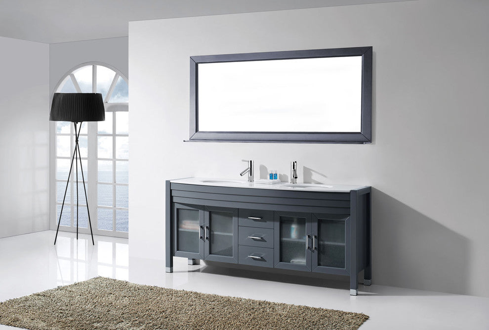 Virtu Ava 71" Double Bathroom Vanity, Gray With White Top, Faucet and Mirror