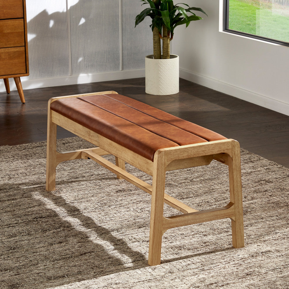 Roros Modern Scandinavian Light Oak Finish Caramel Faux Leather Cushion Bench