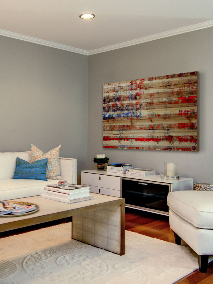"Stars and Stripes" Print on Natural Pine Wood, 36"x24"