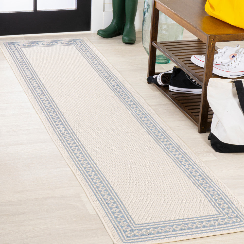 Lucia Classic Diamond Border Indoor/Outdoor Area Rug, Cream/Blue, 2x8
