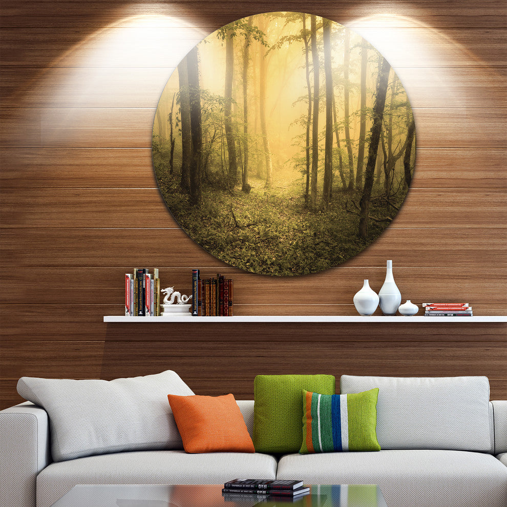 Trail Through Yellow Foggy Forest, Landscape Disc Metal Wall Art, 11"