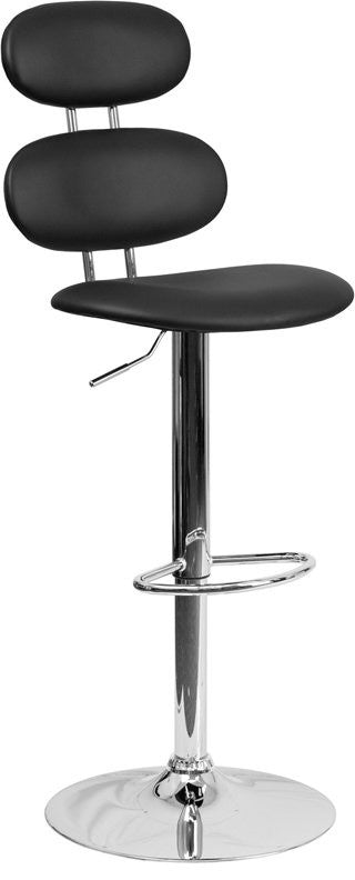 Estella Mid-Back Black Vinyl Adjustable Barstool Swivel Seat, Footrest
