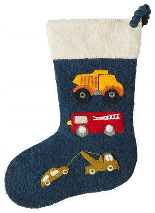 Trucks on Navy Christmas Stocking, Hand Felted Wool