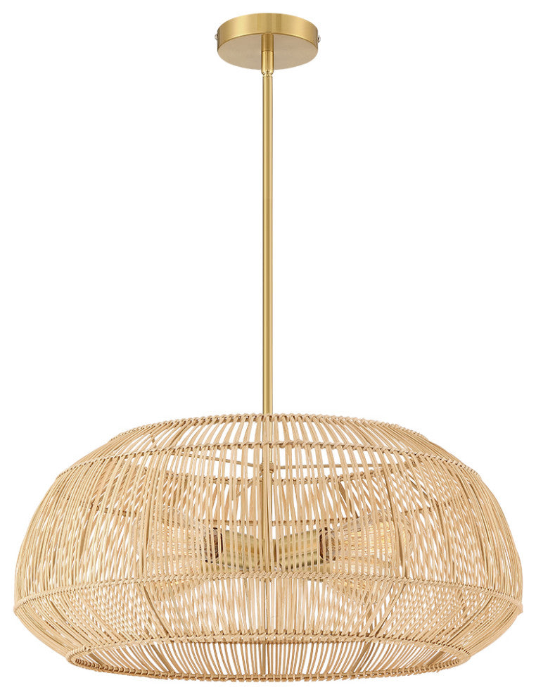 22" W 4 Light Rattan Pendant Chandelier With Brass Canopy