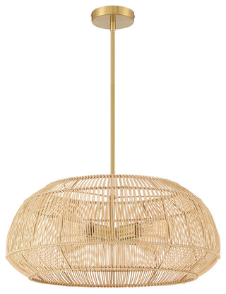 22" W 4 Light Rattan Pendant Chandelier With Brass Canopy