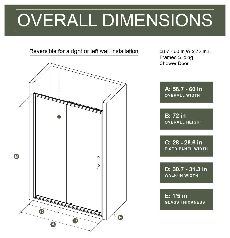 72 in. H Sliding Framed Shower Door with Stainless Steel Handle, 60"w X 72"h
