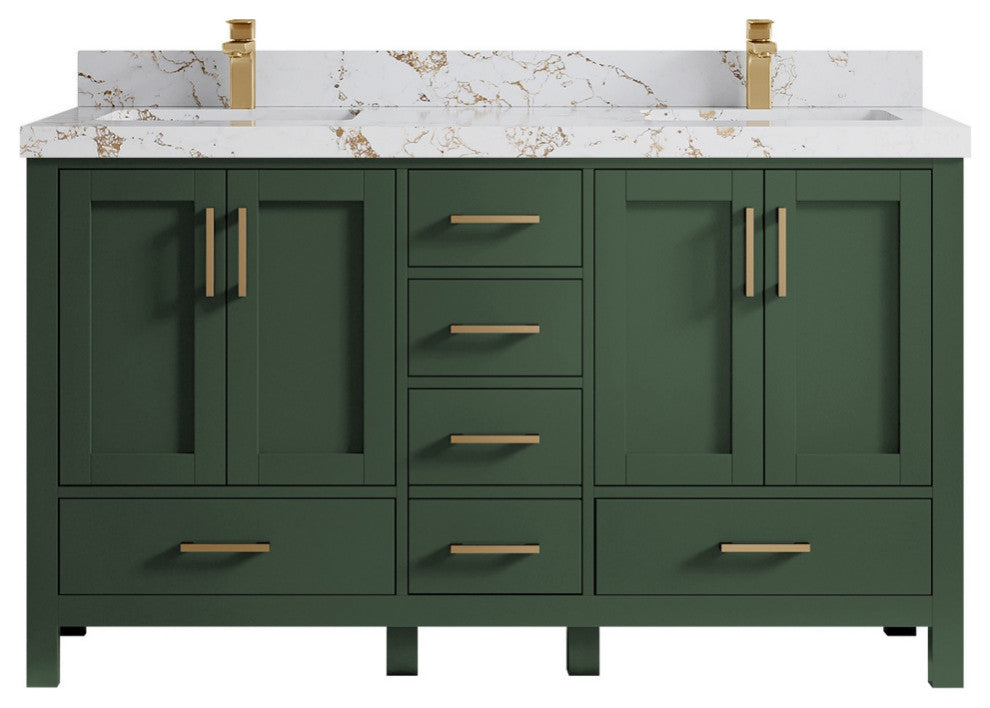Malibu 60 Double Sink Bathroom Vanity in Lafayette Green 2" Viola Gold