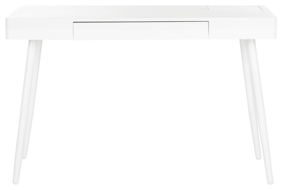 Retro Scandinavian Desk, Angled Legs With Lacquered Top & Spacious Drawer, White