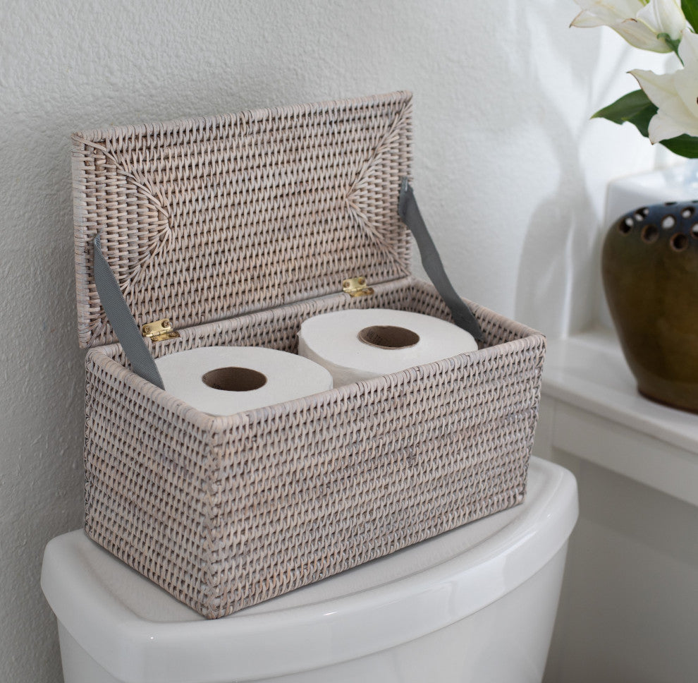 Artifacts Rattan™ Rectangular Double Toilet Roll Holder with Hinged Lid, White Wash