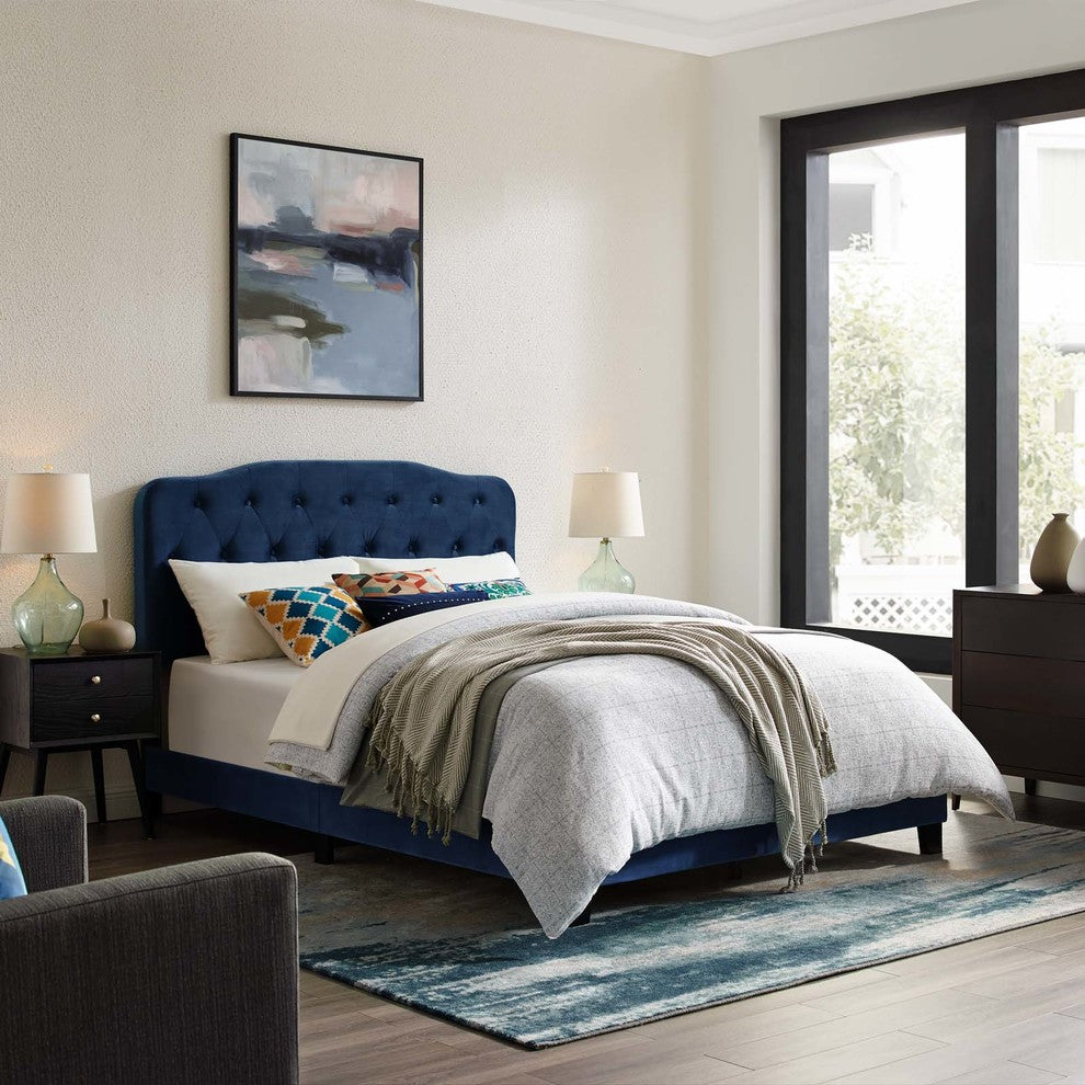 Amelia King Upholstered Velvet Bed, Navy