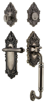 Victorian Plate C Grip Entry Set Fleur Lever, Antique Pewter, 2-3/8", Left