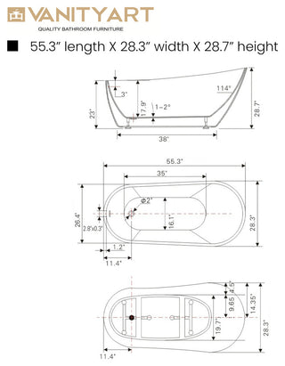 Vanity Art Freestanding Acrylic Soaking Bathtub, White/Integrated Overflow, 55"
