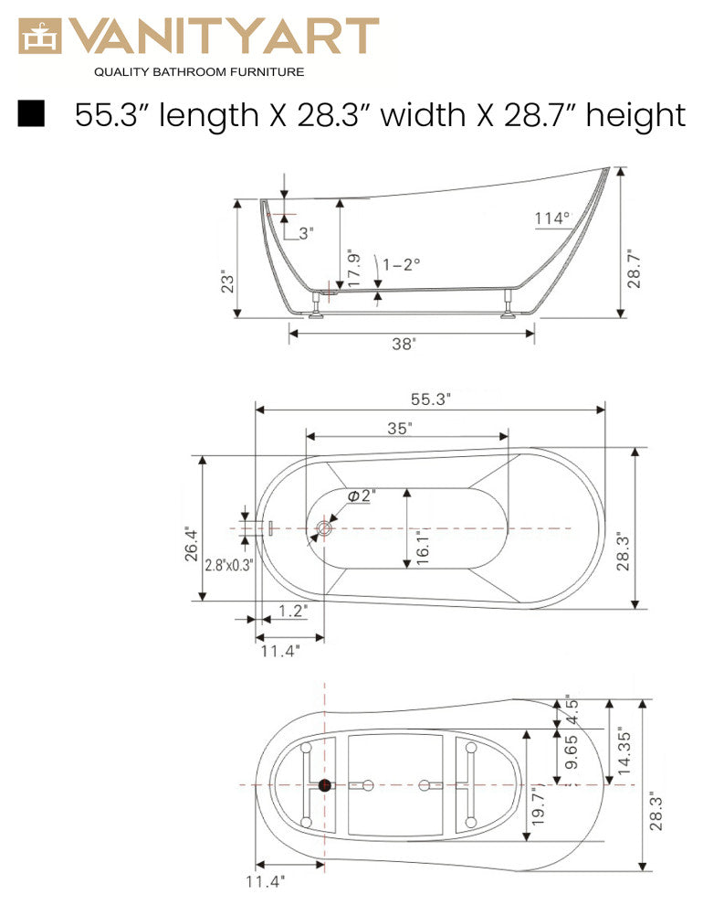 Vanity Art Freestanding Acrylic Soaking Bathtub, White/Integrated Overflow, 55"