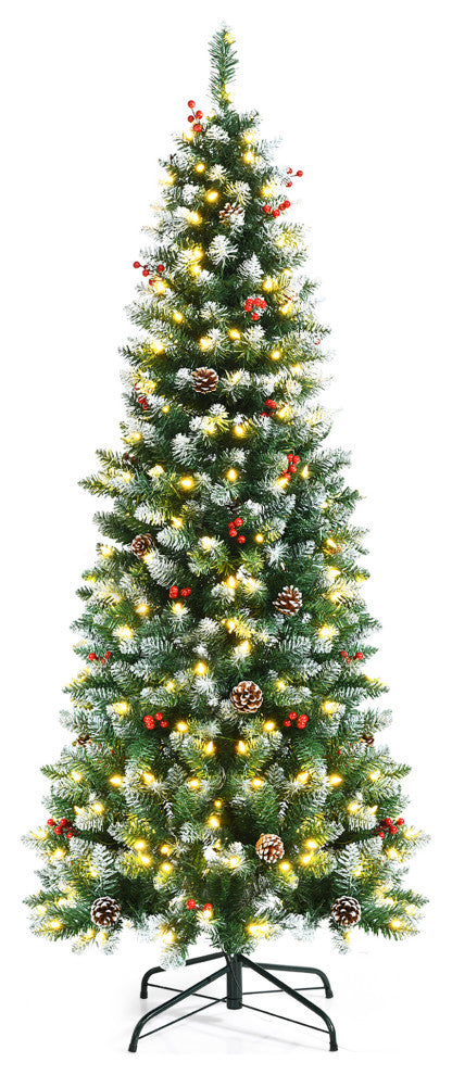 6ft Pre-lit Artificial Hinged Pencil Christmas Tree Decorated Snow Flocked Tips