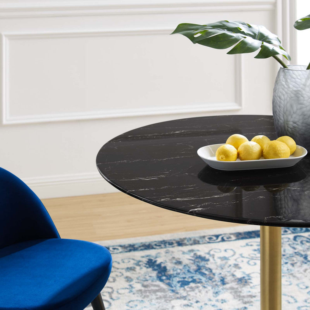 Dining Table, Round, Artificial Marble, Metal, Gold Black, Modern, Cafe Bistro