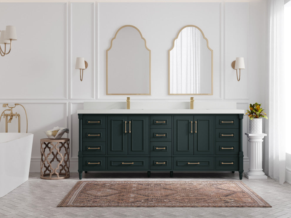 Aberdeen 84 Double Sink Bath Vanity in Dark Forest Green 2" White Quartz