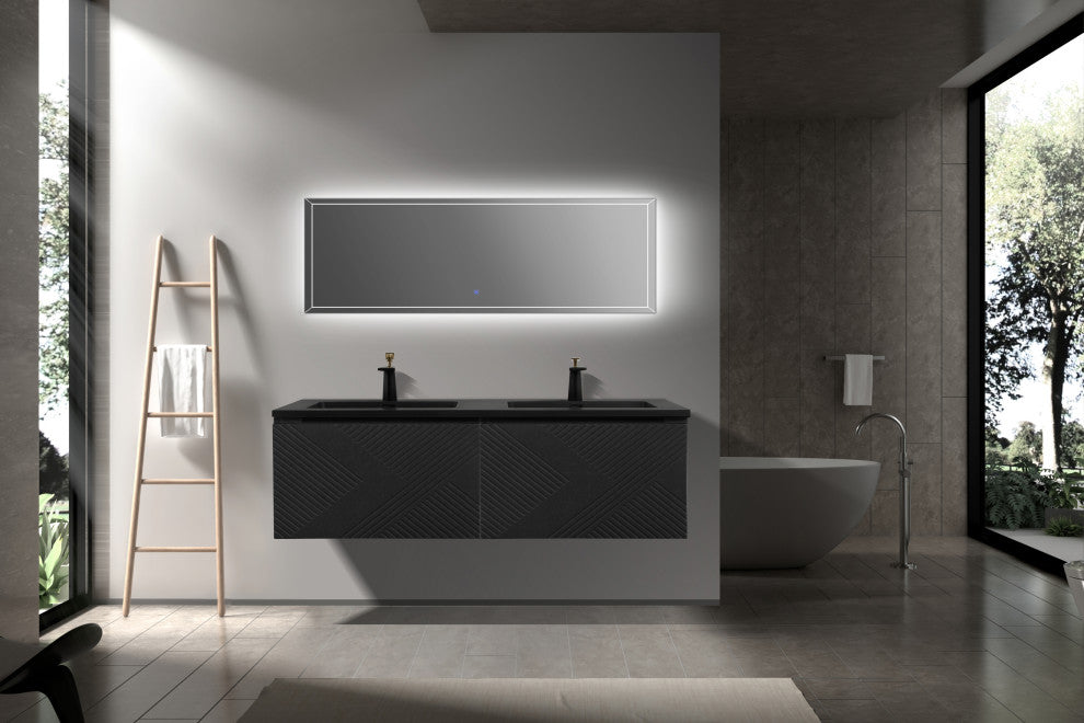 Matte Black Wall Mount Bath Vanity, Integrated Sink, Black Sink, 72" Double Sink