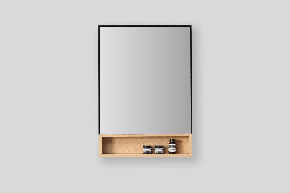Bergen Modern Medicine Cabinet, Matte Black Frame, Whitewash Shelf, 24"