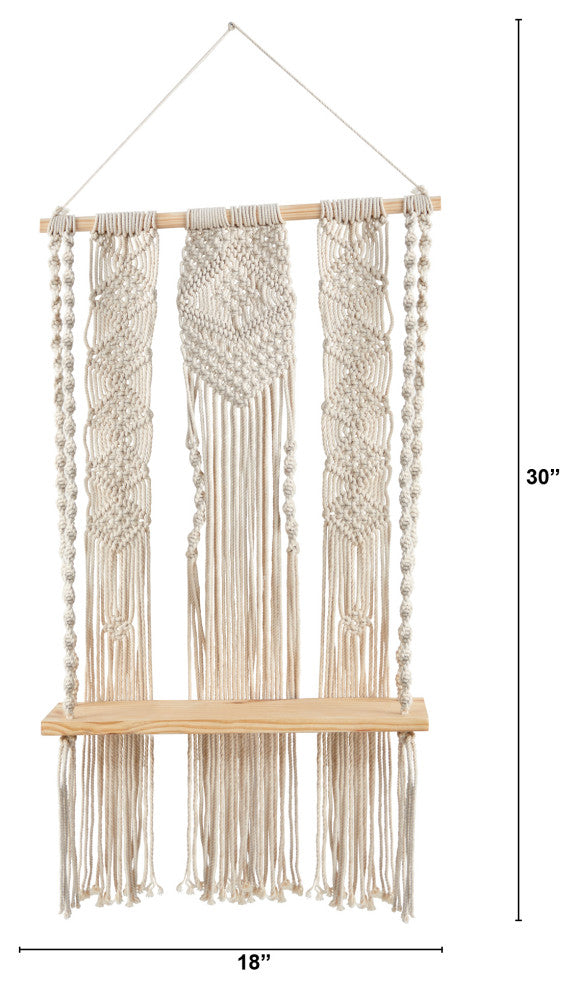 2.5' x 1.5' Layered Macrame Wall Hanging With Wooden Shelf