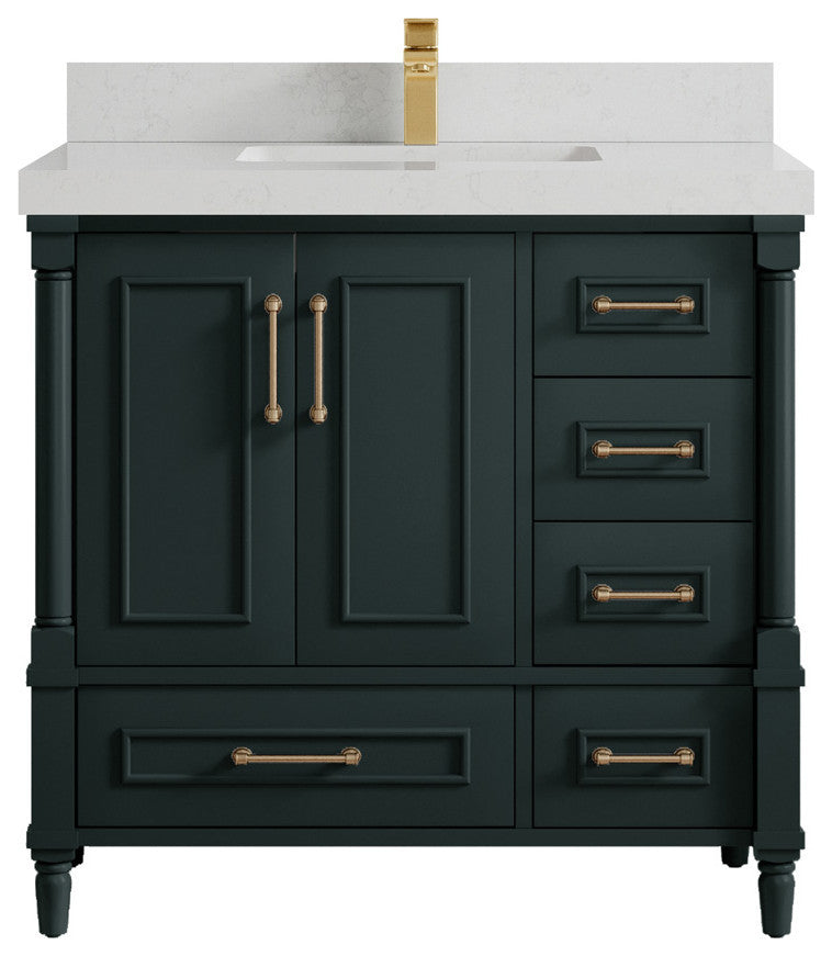 Aberdeen 36 Center Sink Bath Vanity in Dark Forest Green 2" Carrara Quartz