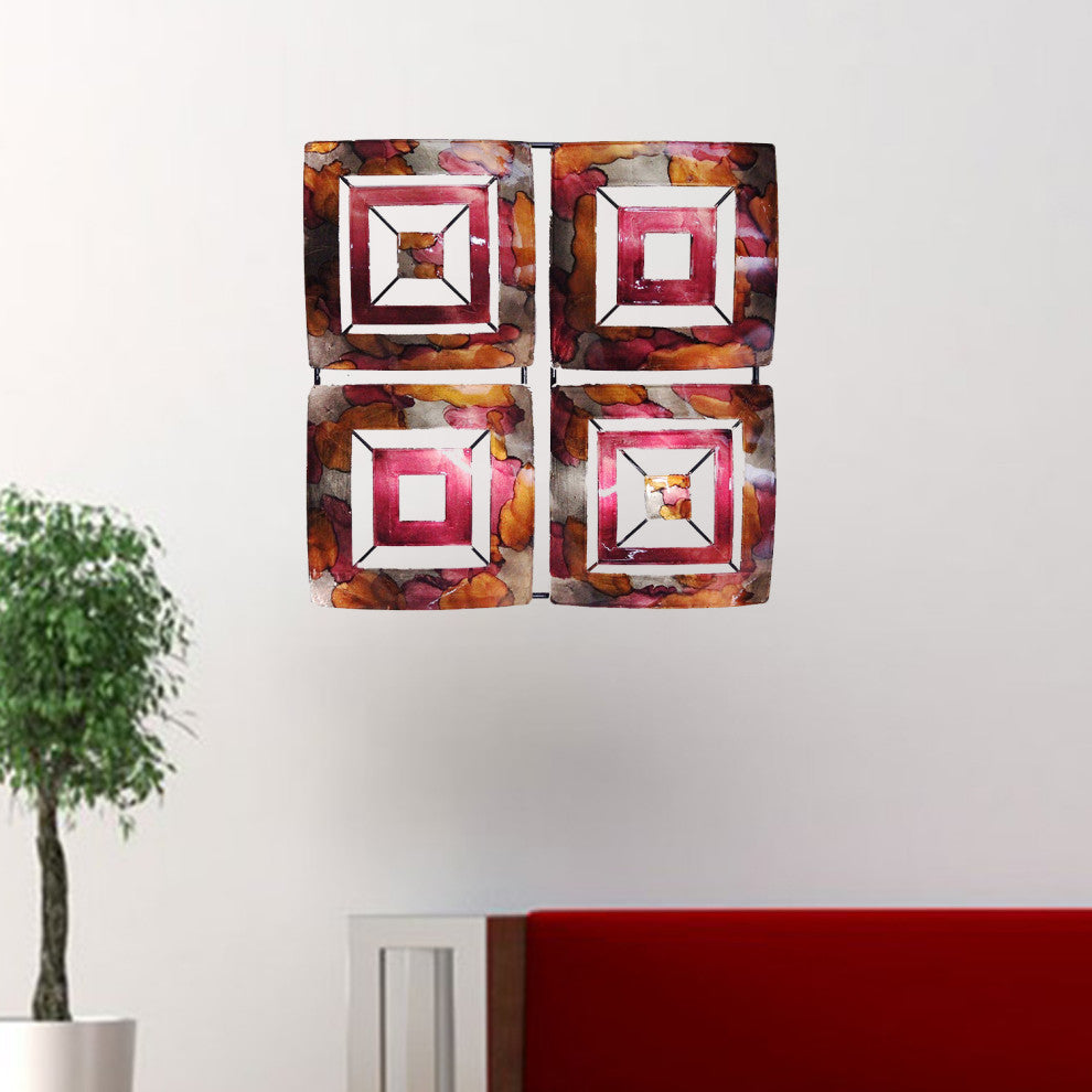 HomeRoots 16" X 2.75" X 16" Copper Red And Gold Metal 4 Panel Square Wall Decor