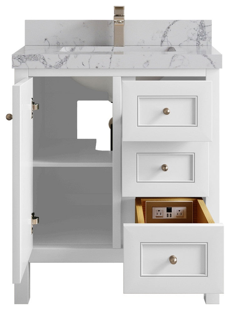 Nashville 30" Single Sink Bath Vanity, White 2" Venatino Quartz