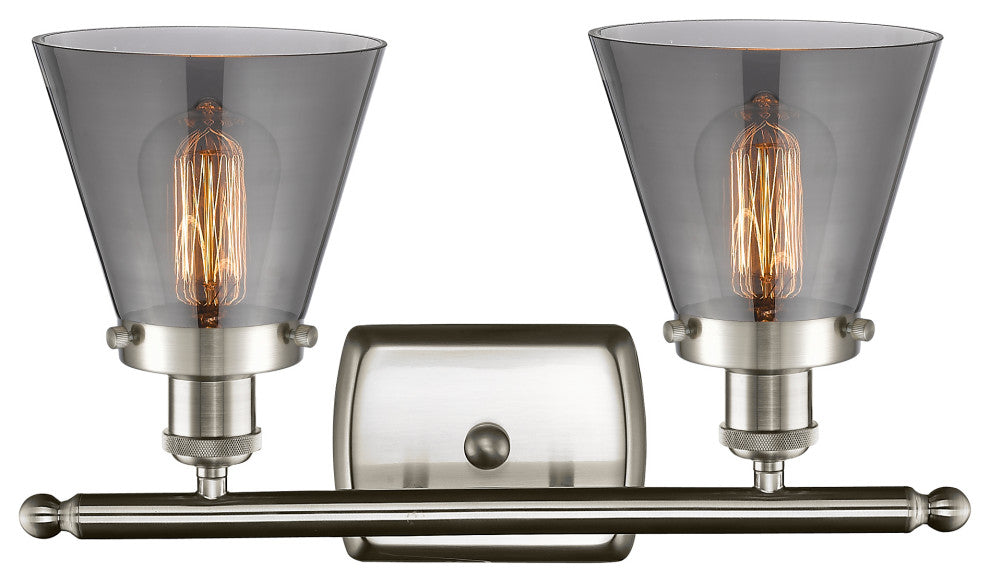 Small Cone 2-Light Bath Vanity-Light, Brushed Satin Nickel, Plated Smoke