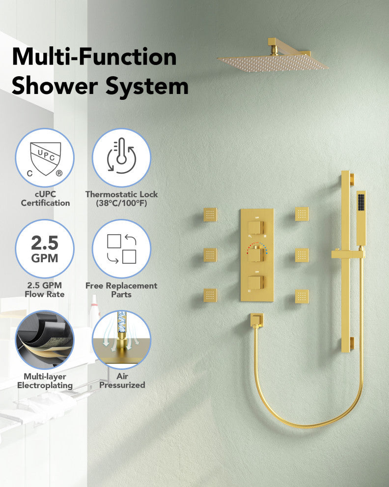 Thermostatic Shower Faucet 12" Rain Shower Head with Handheld Slide Bar System, Brushed Gold