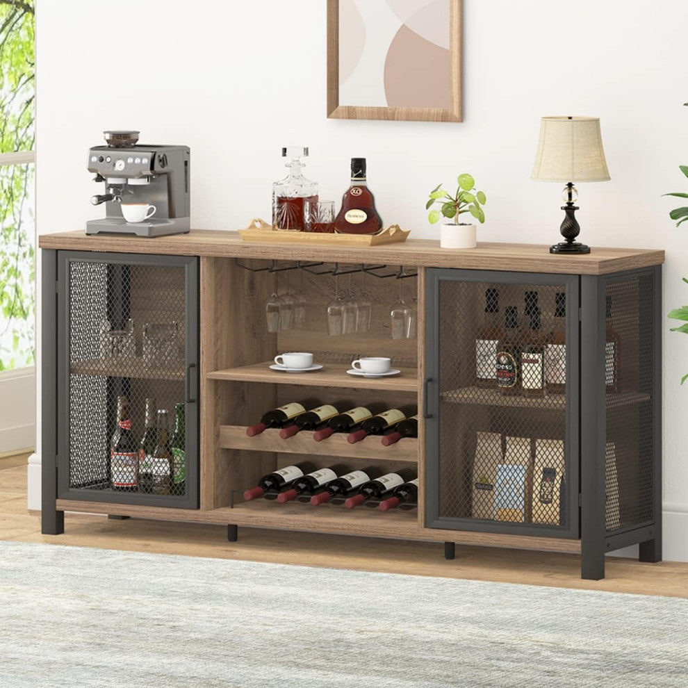 Rustic Bar Cabinet With Bottle Storage and Double Mesh Door Design, Rustic Oak