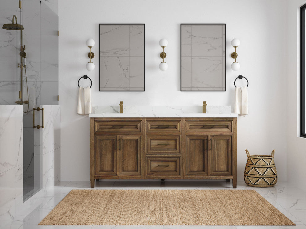 Santa Monica 72 Double Sink Bath Vanity in Graywashed Teak 2" Calacatta Laza