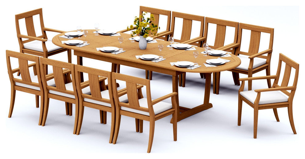 11-Piece Outdoor Teak Dining Set: 117" Masc Extn Oval Table, 10 Osbo Arm Chairs