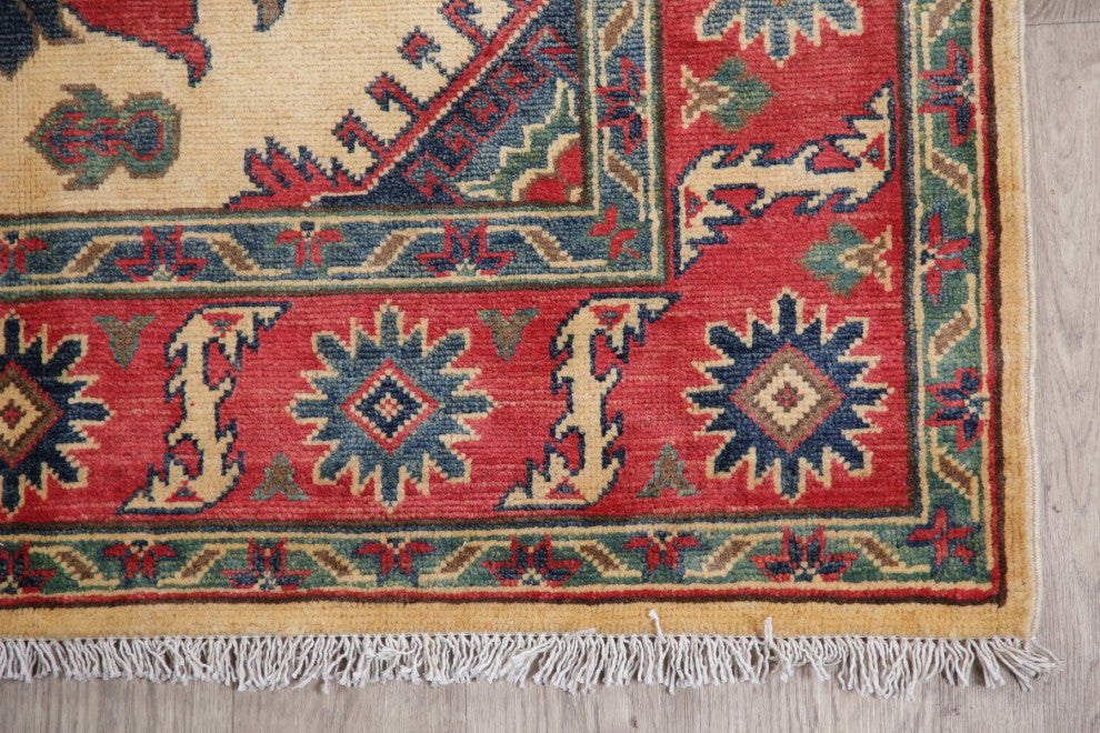 Kazak Oriental Pakistani Traditional Hand-Knotted Area Rug, Beige, 6'1"x4'0