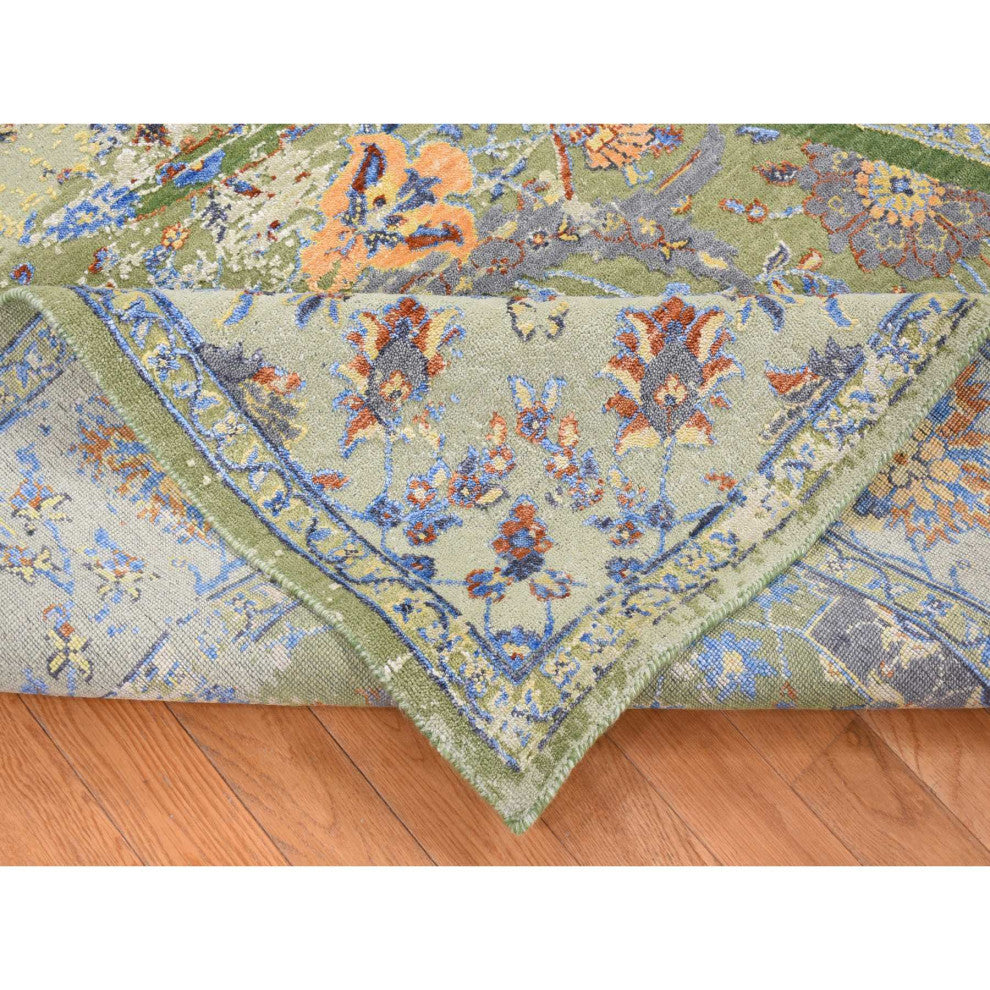 Green Rug, on Rug, Design Hand Knotted Silk With Textured Wool Rug, 7'9"x9'10"