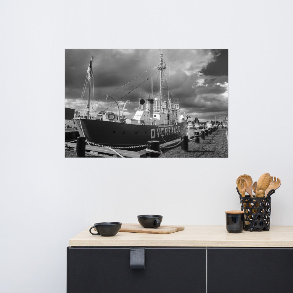 Overfalls Lightship Landscape Photo Black and White Unframed Wall Art Print, 24" X 36"