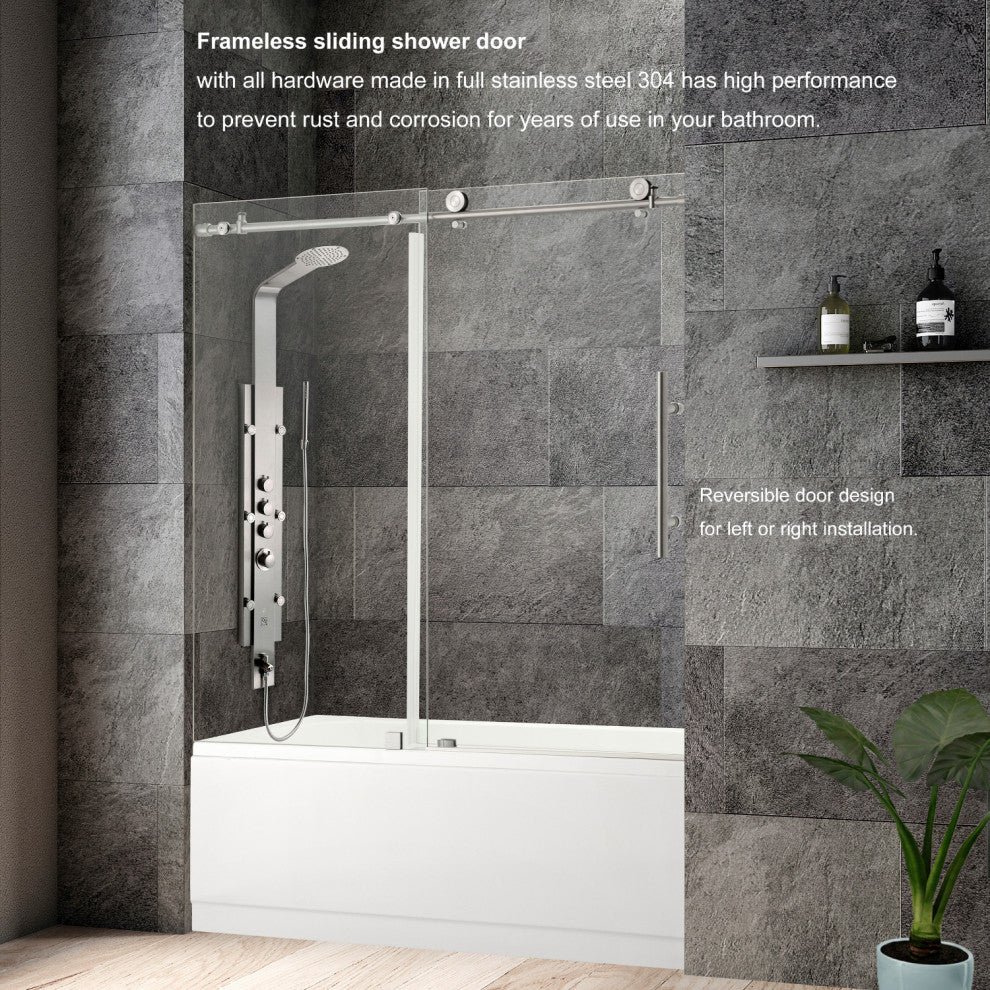 Villena 60" W x 58" H Single Sliding Frameless Tub Door, Brushed Gold, 60 Inches