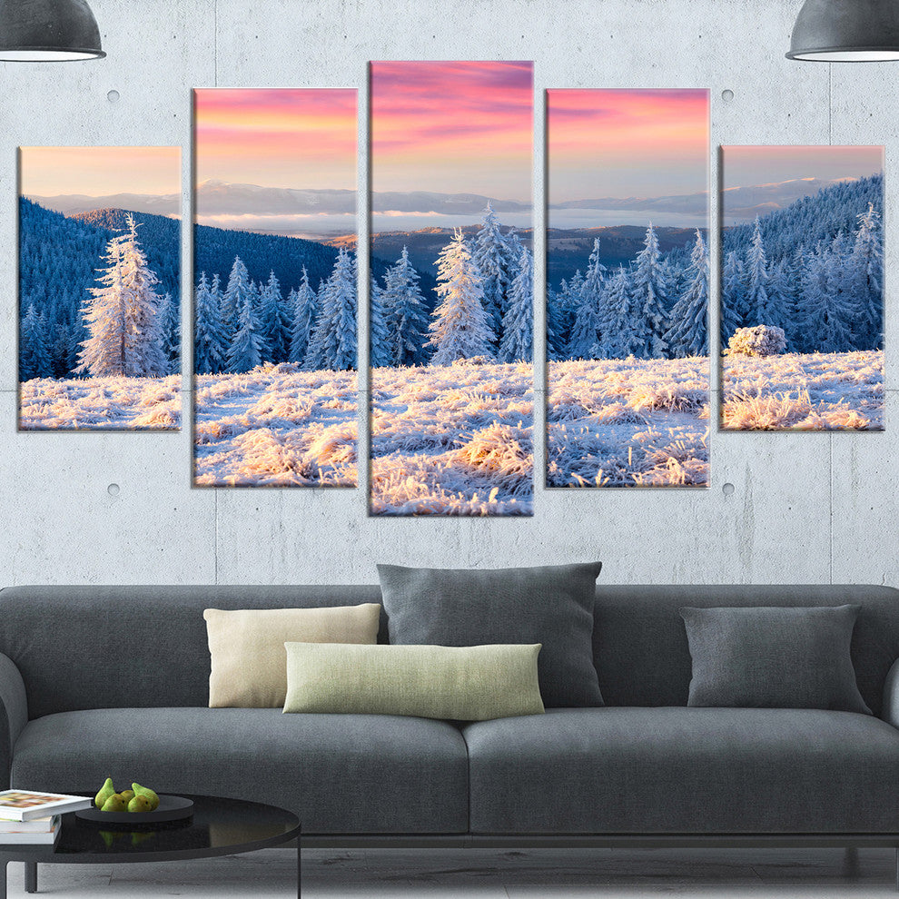 Amazing Winter Sunrise in Mountains, White, Landscape Canvas, 60"x32", 5 Panels
