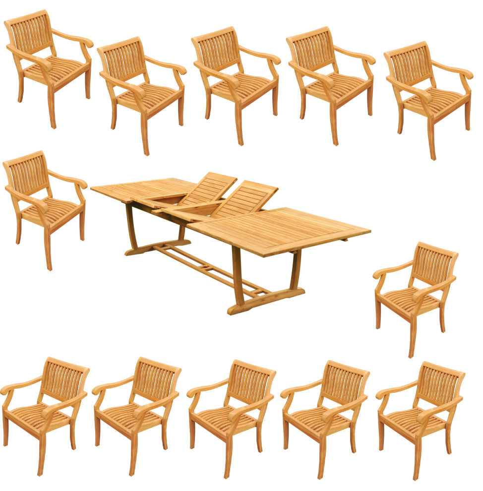 13-Piece Outdoor Teak Dining Set: 117" Masc Rectangle Table, 12 Arbor Arm Chairs