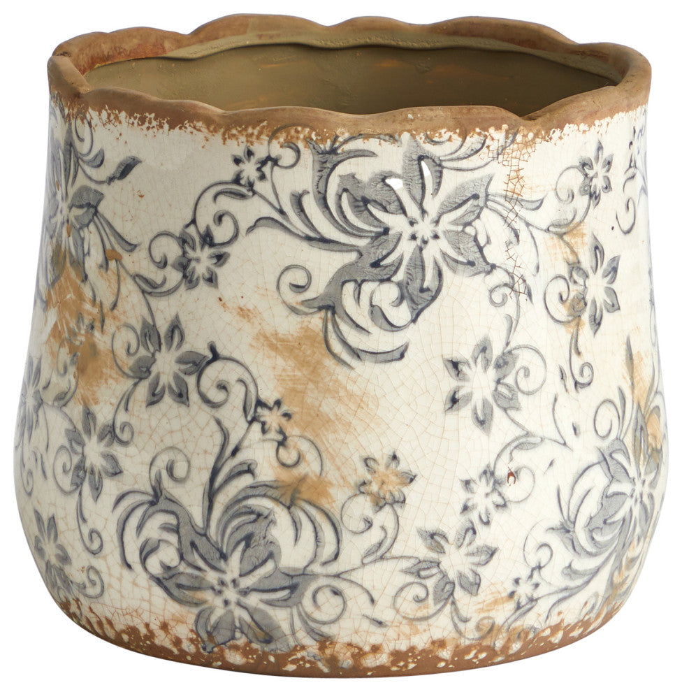 Nearly Natural 7" Tuscan Ceramic Gray Scroll Planter
