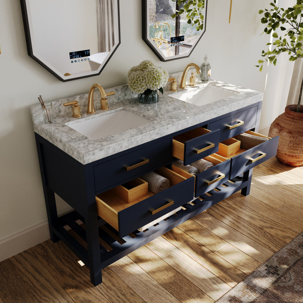 Elizabeth Bath Vanity, Heritage Blue, 60", Gold Hardware, No Mirror