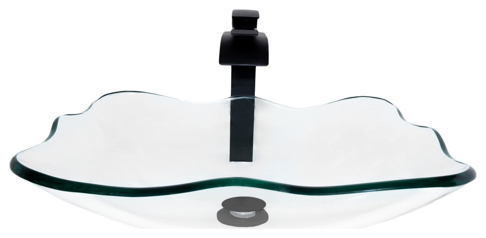 Clear Scalloped Tempered Glass Vessel Bathroom Sink Combo with Faucet and Drain, Matte Black