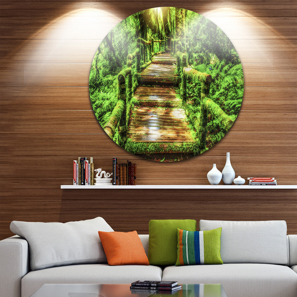 Moss Around Wooden Walkway In Rain, Photo Round Wall Art, 11"
